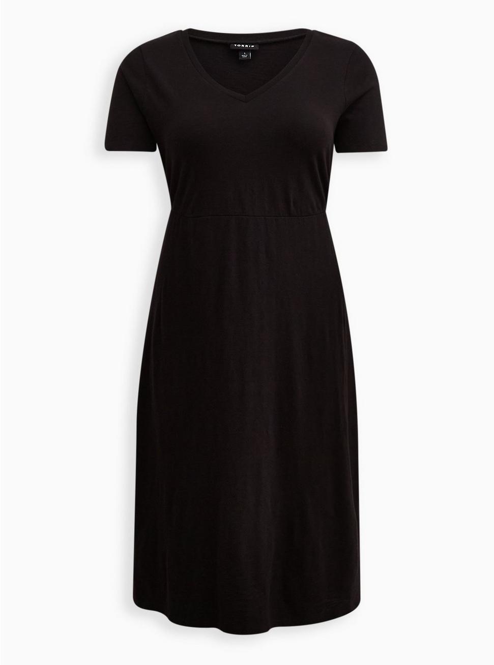 Plus Size Midi Cotton Slub Side Slit Dress, BLACK, hi-res