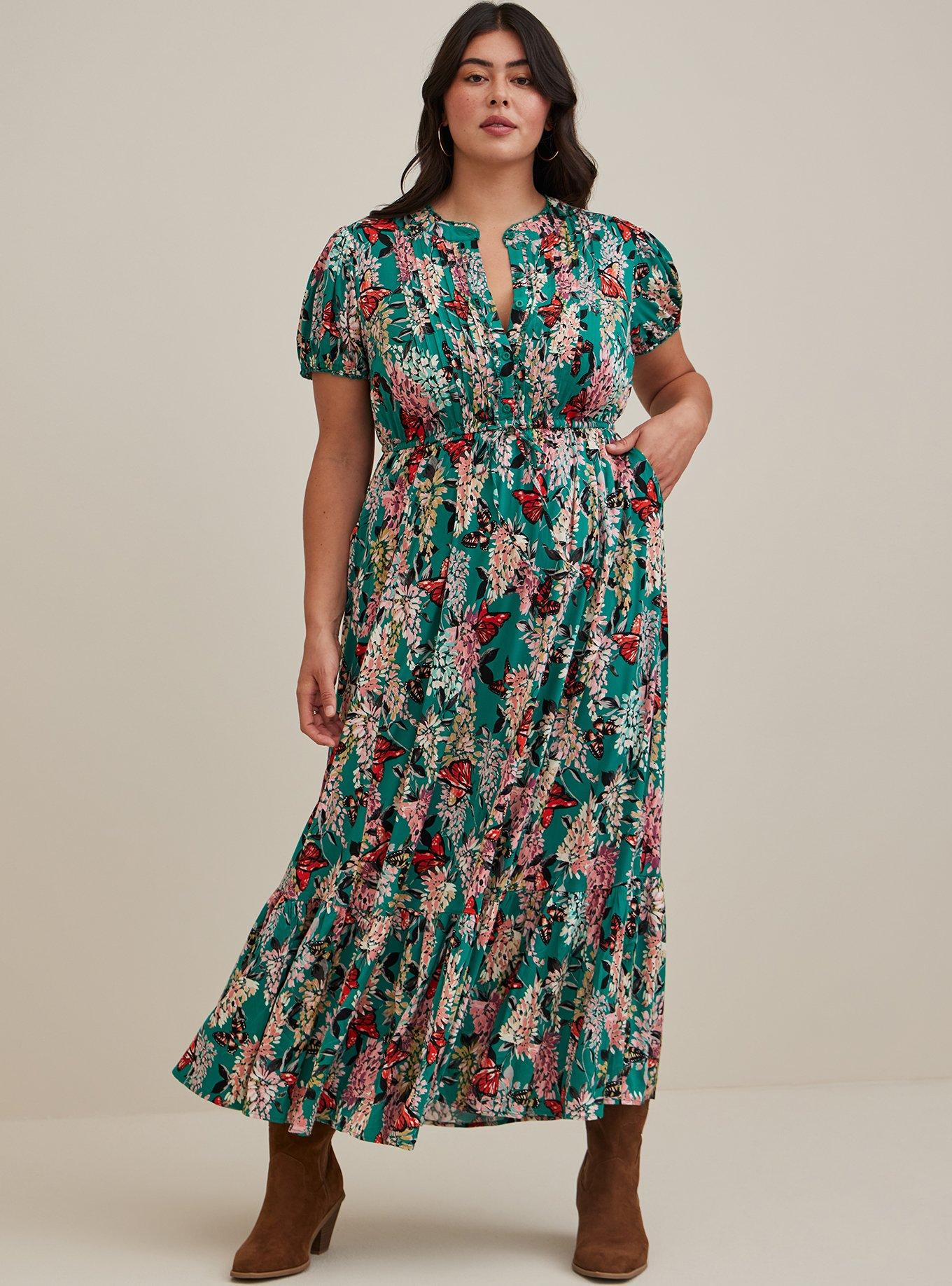 Plus Size - Midi Stretch Challis Pintuck Tiered Dress - Torrid