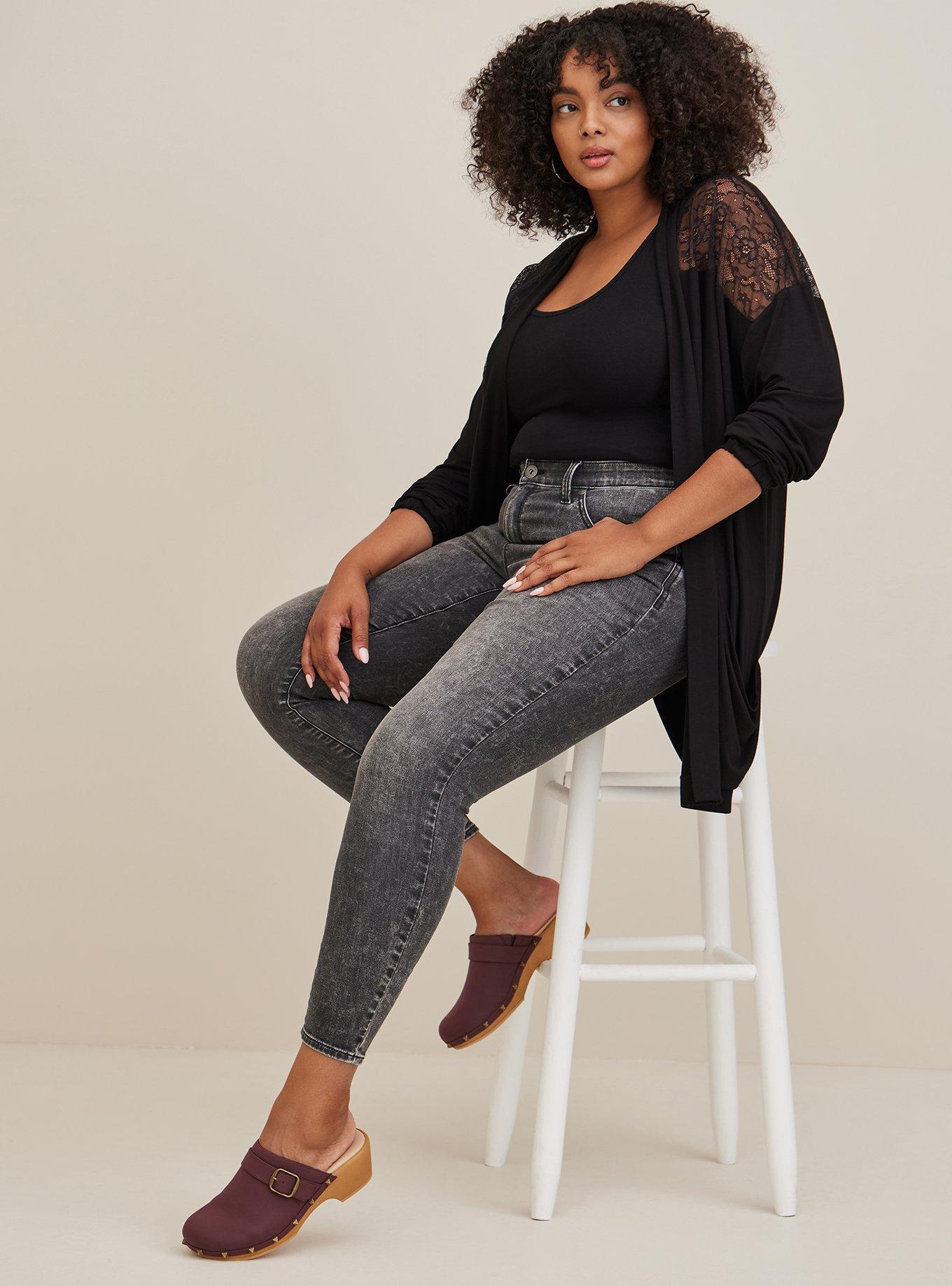 Plus Size Lace Yoke Cardigan - Super Soft Black, BLACK, alternate