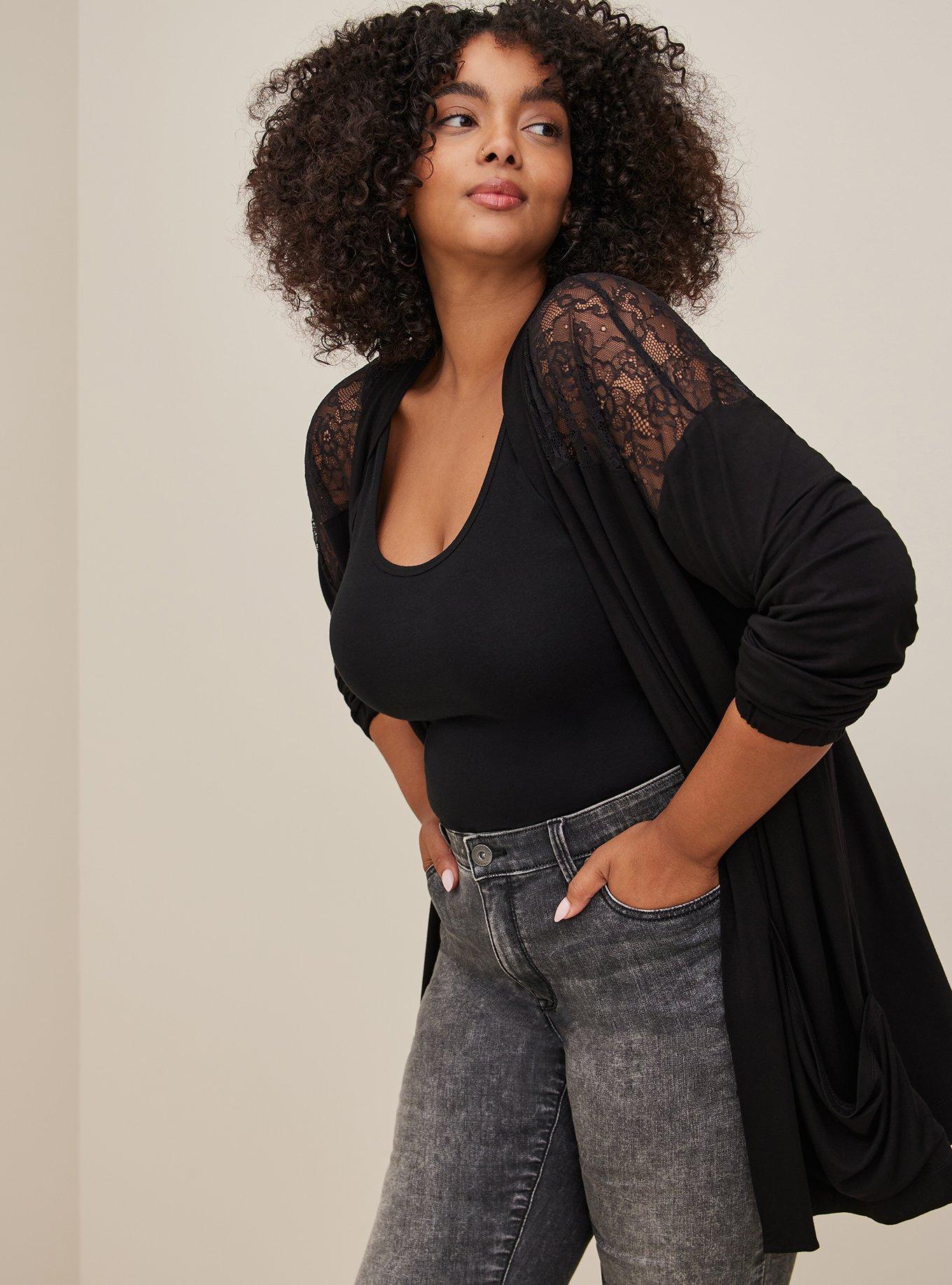 Plus Size - Super Soft Cardigan Lace Yoke Open Front - Torrid