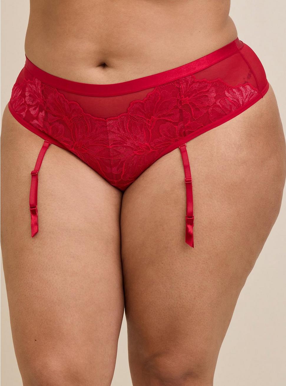 Shimmer Lace Mid Rise Thong Panty, JESTER RED, alternate