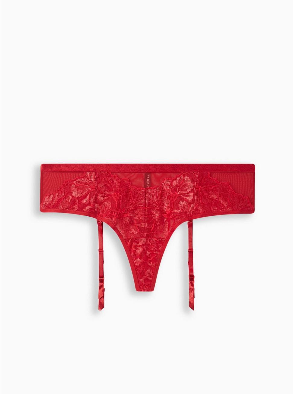 Shimmer Lace Mid Rise Thong Panty, JESTER RED, hi-res