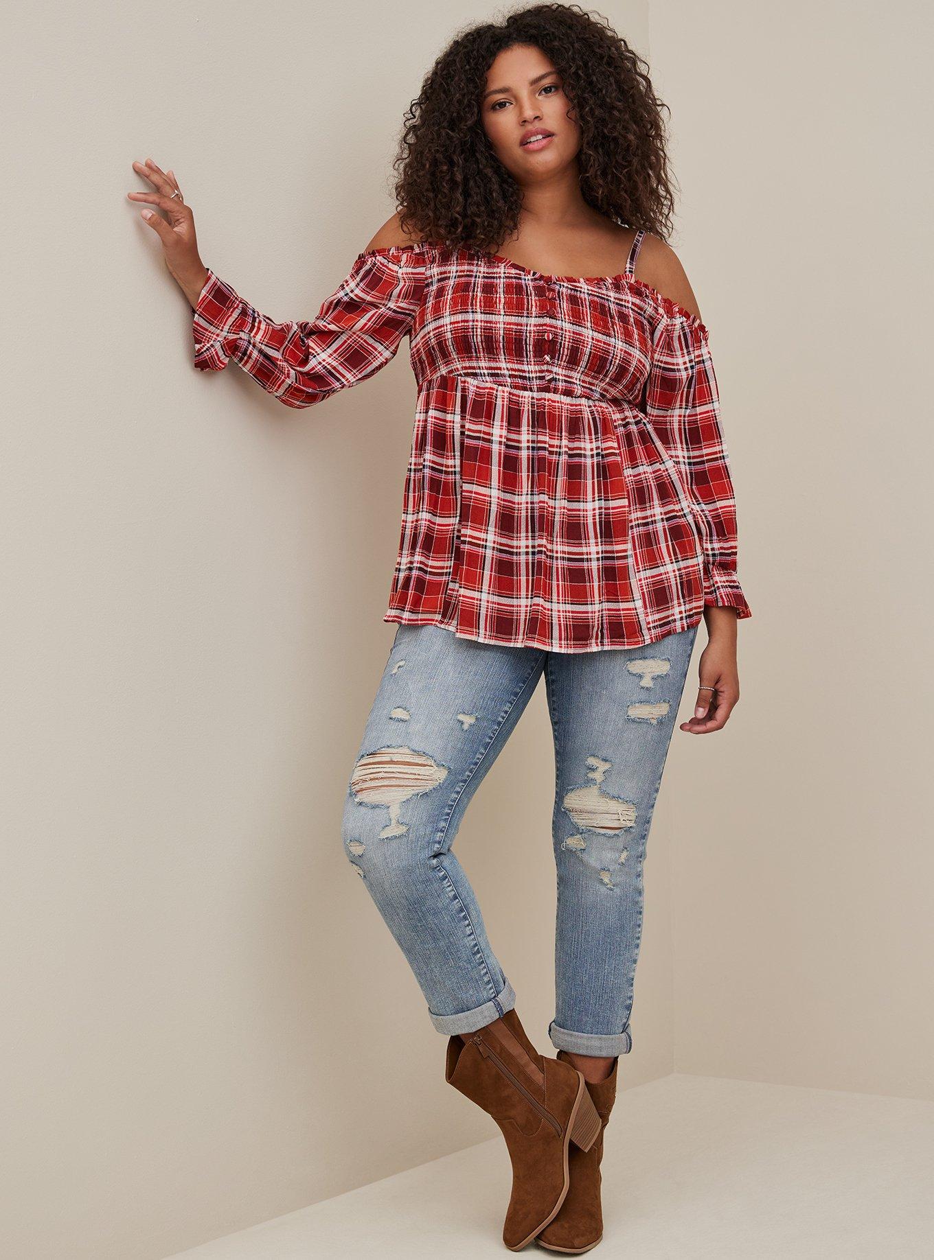 Cold shoulder plaid sales top