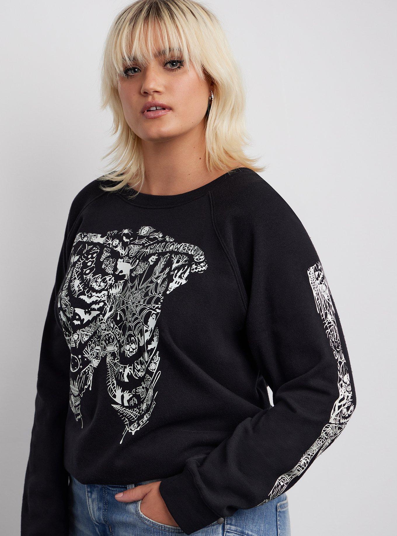 Plus Size Tattoo Bones Cozy Fleece Glow In The Dark Sweatshirt, DEEP BLACK, alternate