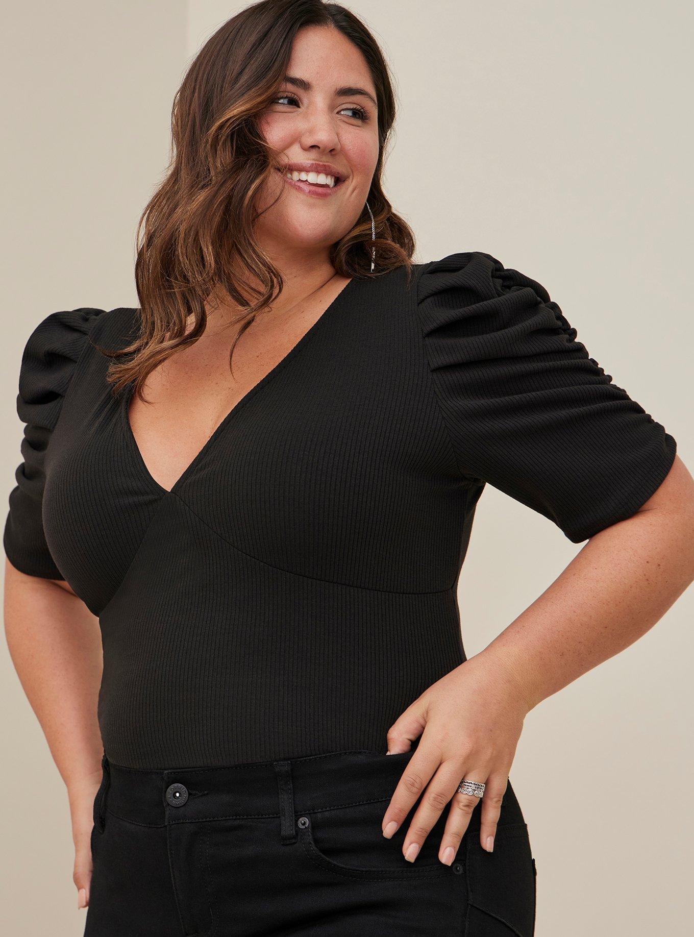 Black puff sleeve top plus size sale