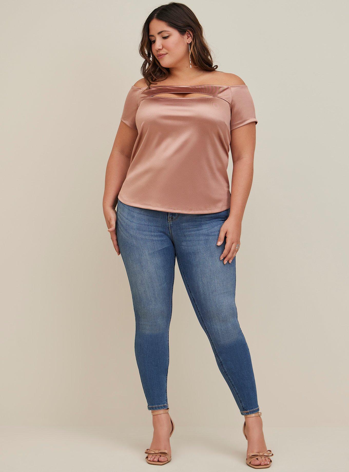 Off-Shoulder Cutout Top - Stretch Satin Pink, PINK, alternate