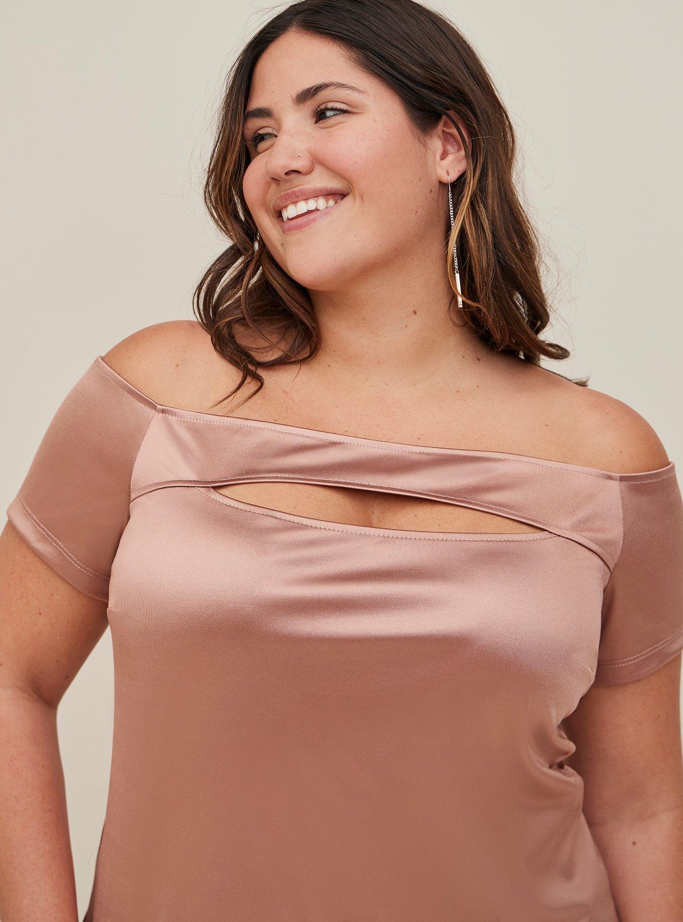 Off-Shoulder Cutout Top - Stretch Satin Pink, PINK, hi-res