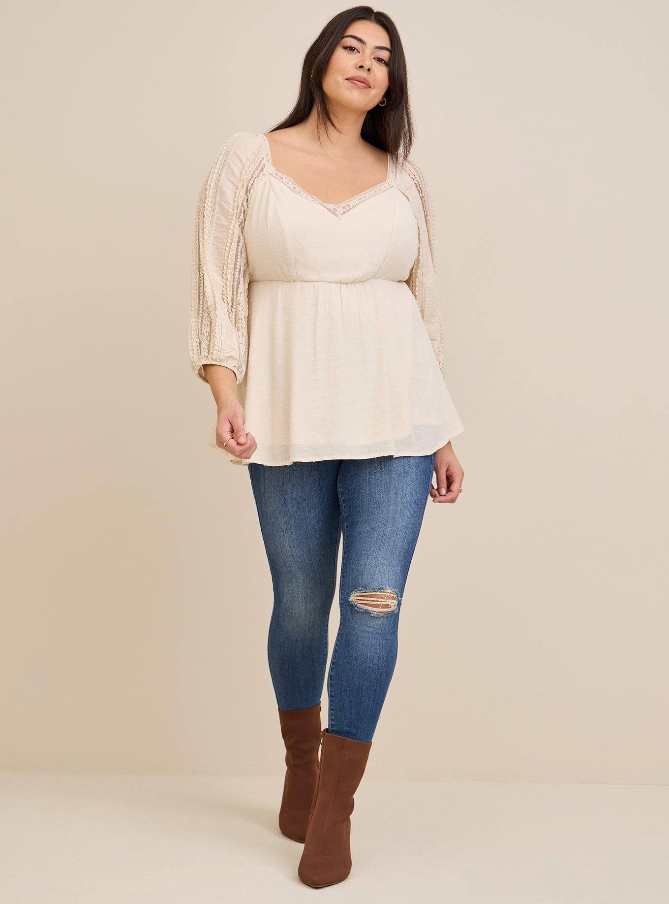 Peplum Gauze Clip Dot Smocked Back Top, BEIGE, alternate