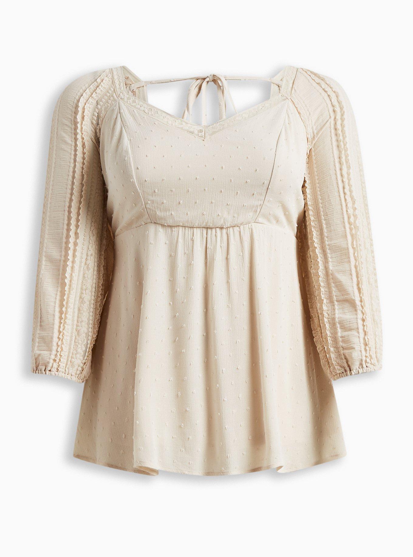Peplum Gauze Clip Dot Smocked Back Top, BEIGE, hi-res