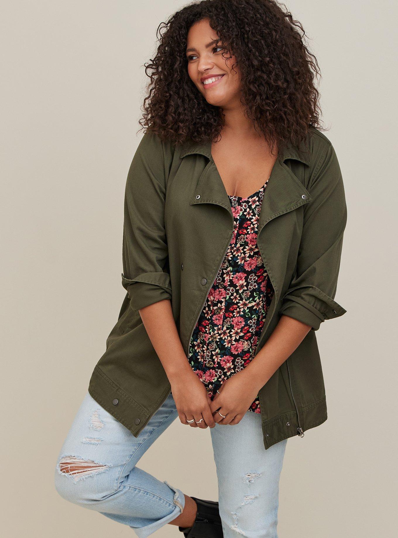 Plus Size - Moto Longline Jacket - Twill Green - Torrid