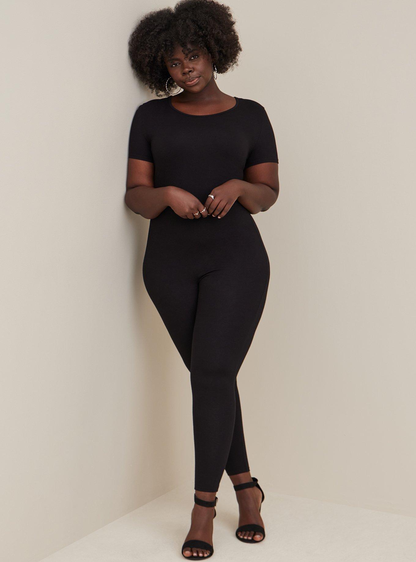 Plus Size - Full Length Short Sleeve Cat Suit - Cotton Black - Torrid