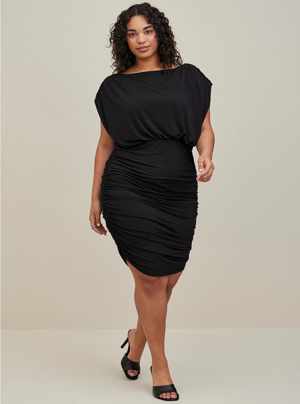 Plus Size Mini Studio Knit Ruched Dress, BLACK, hi-res