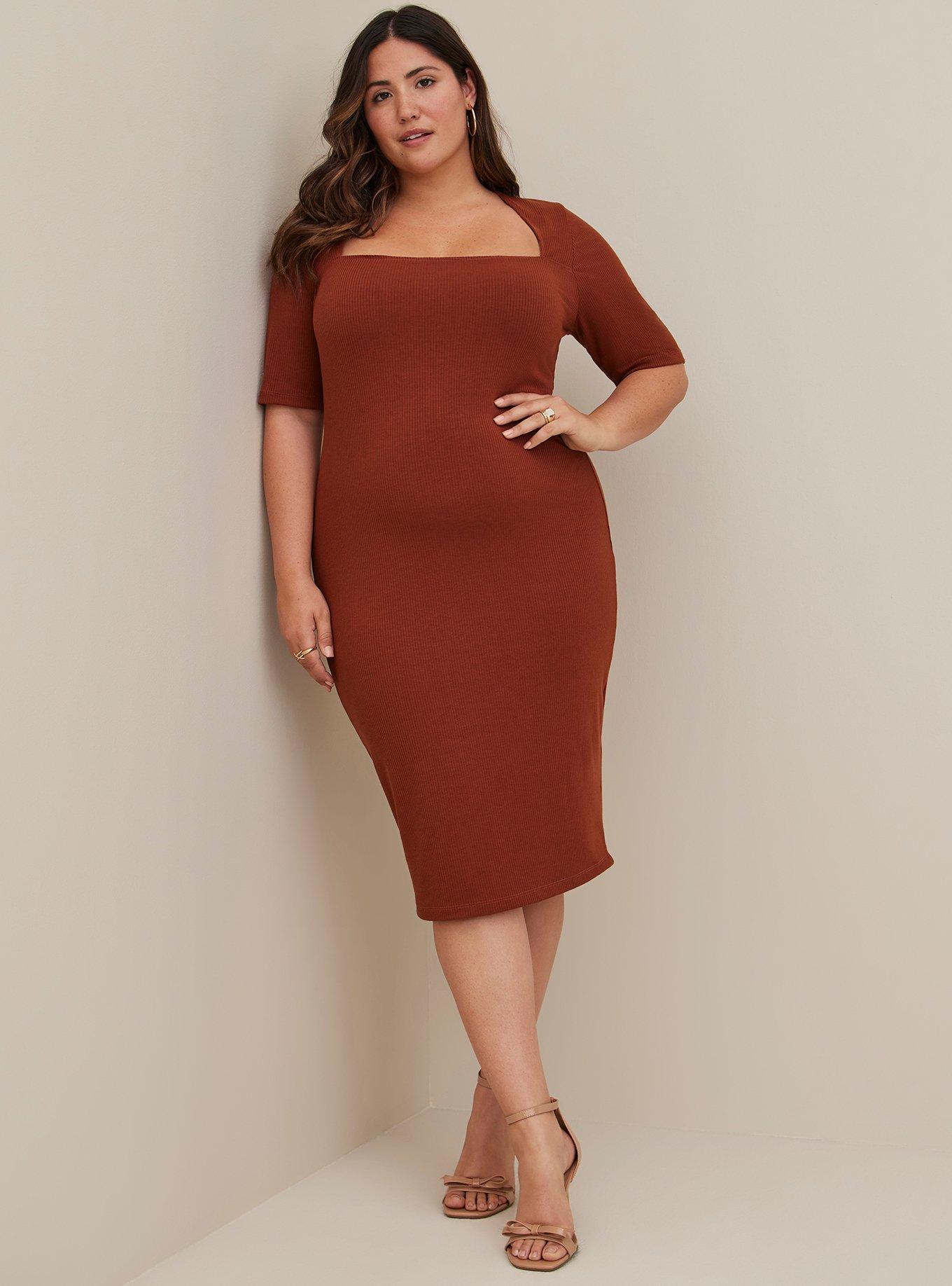 knee length dresses for ladies Plus Size Floral Print Square Neckline Midi Dress_ – JeHouze.US main image 1