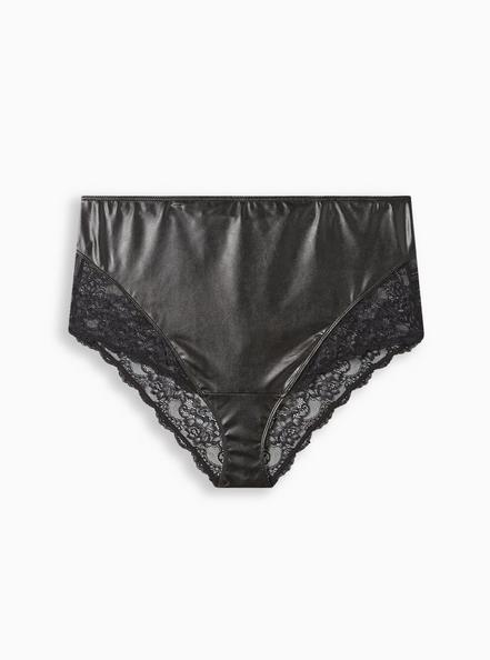Faux Leather And Lace Mid Rise Hipster Panty, RICH BLACK, hi-res