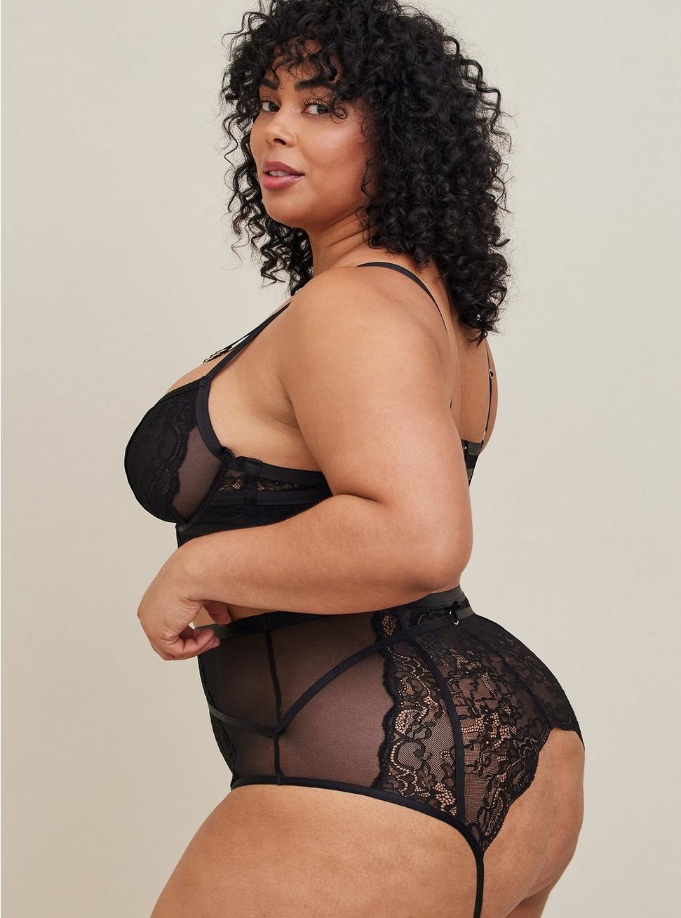 Plus Size Lace High Waist Cheeky Panty With Open Bum, RICH BLACK, alternate