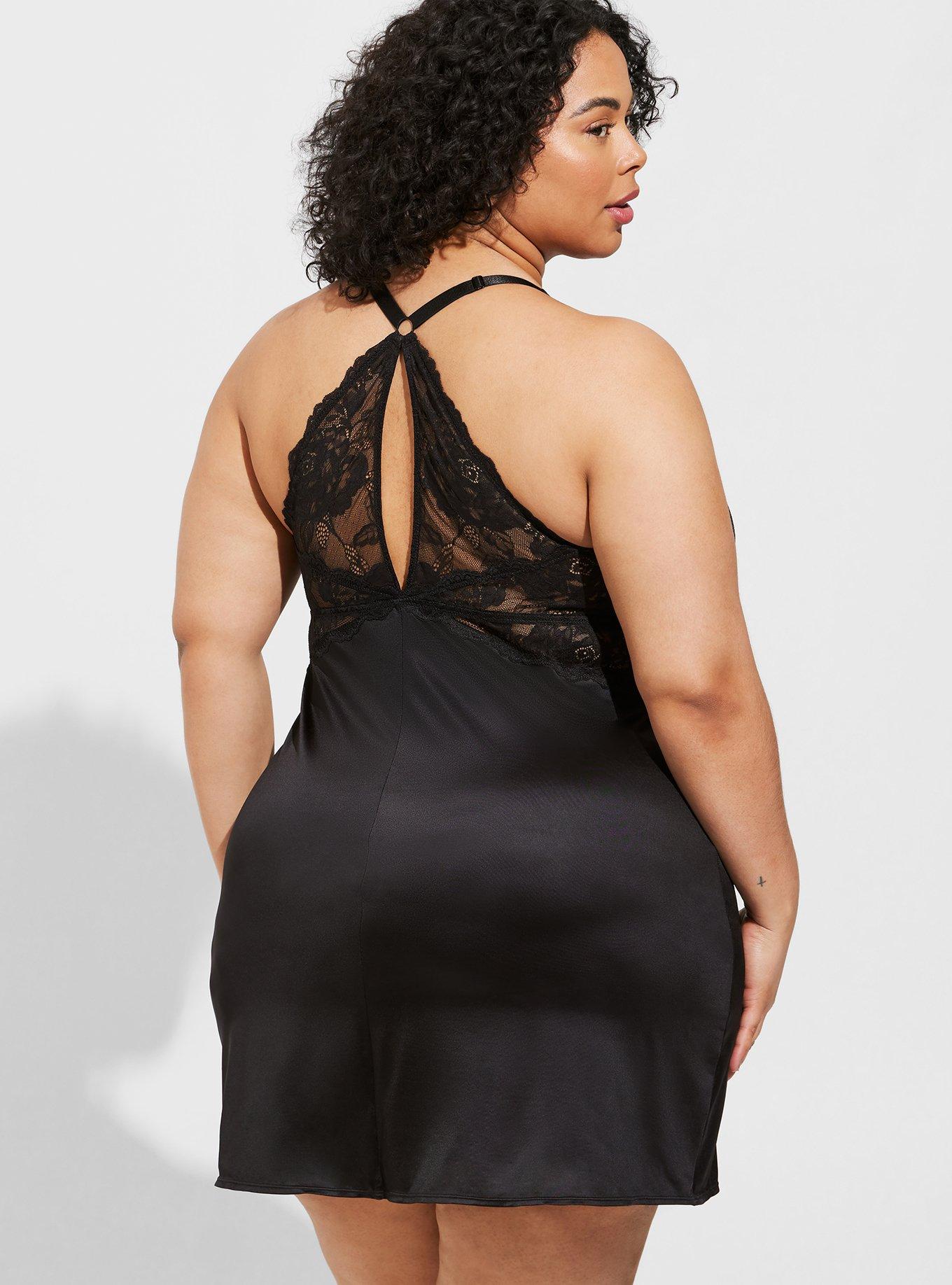 Plus Size Satin And Lace Retro Plunge Babydoll, RICH BLACK, alternate