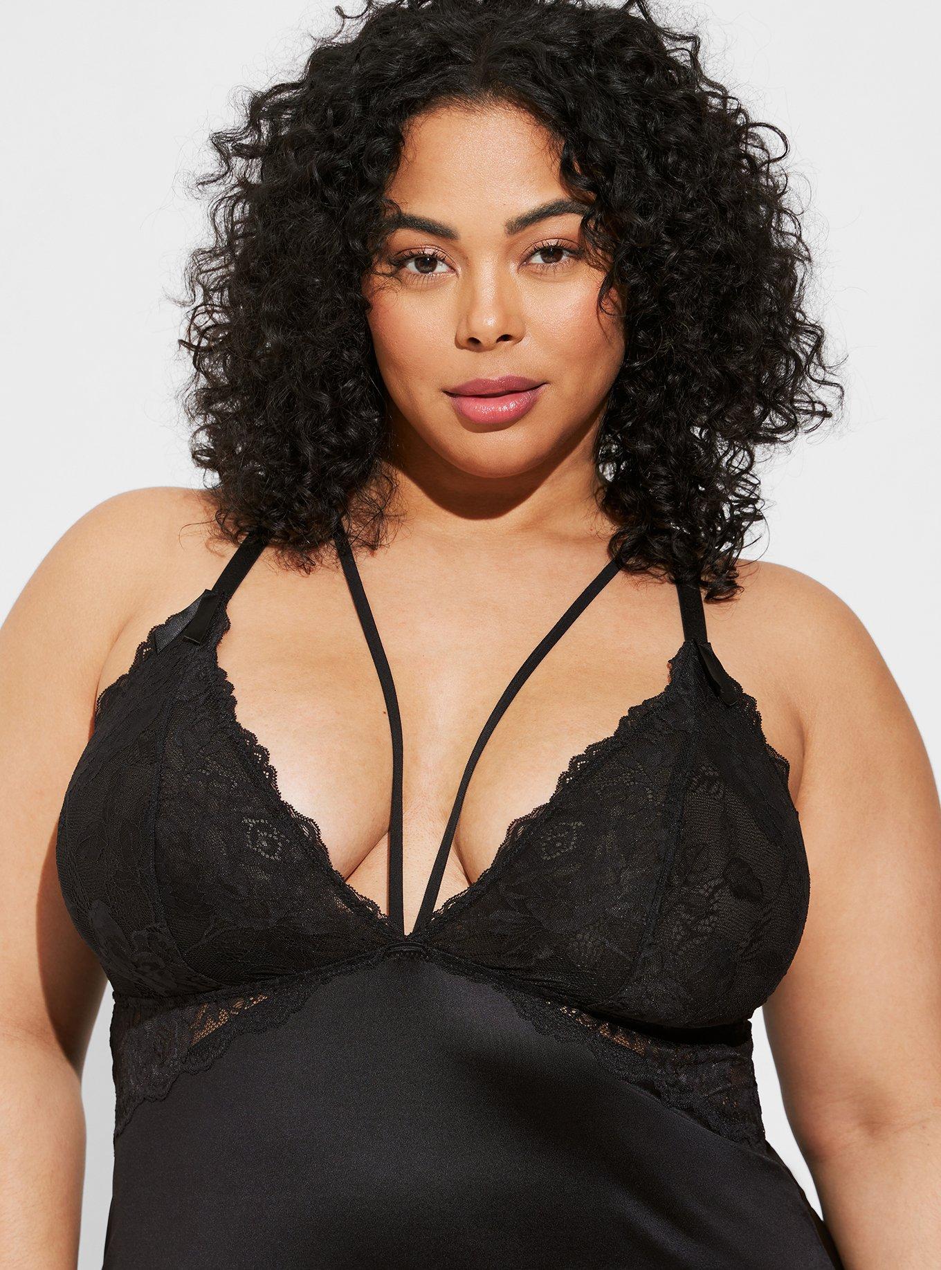Plus Size Satin And Lace Retro Plunge Babydoll, RICH BLACK, alternate