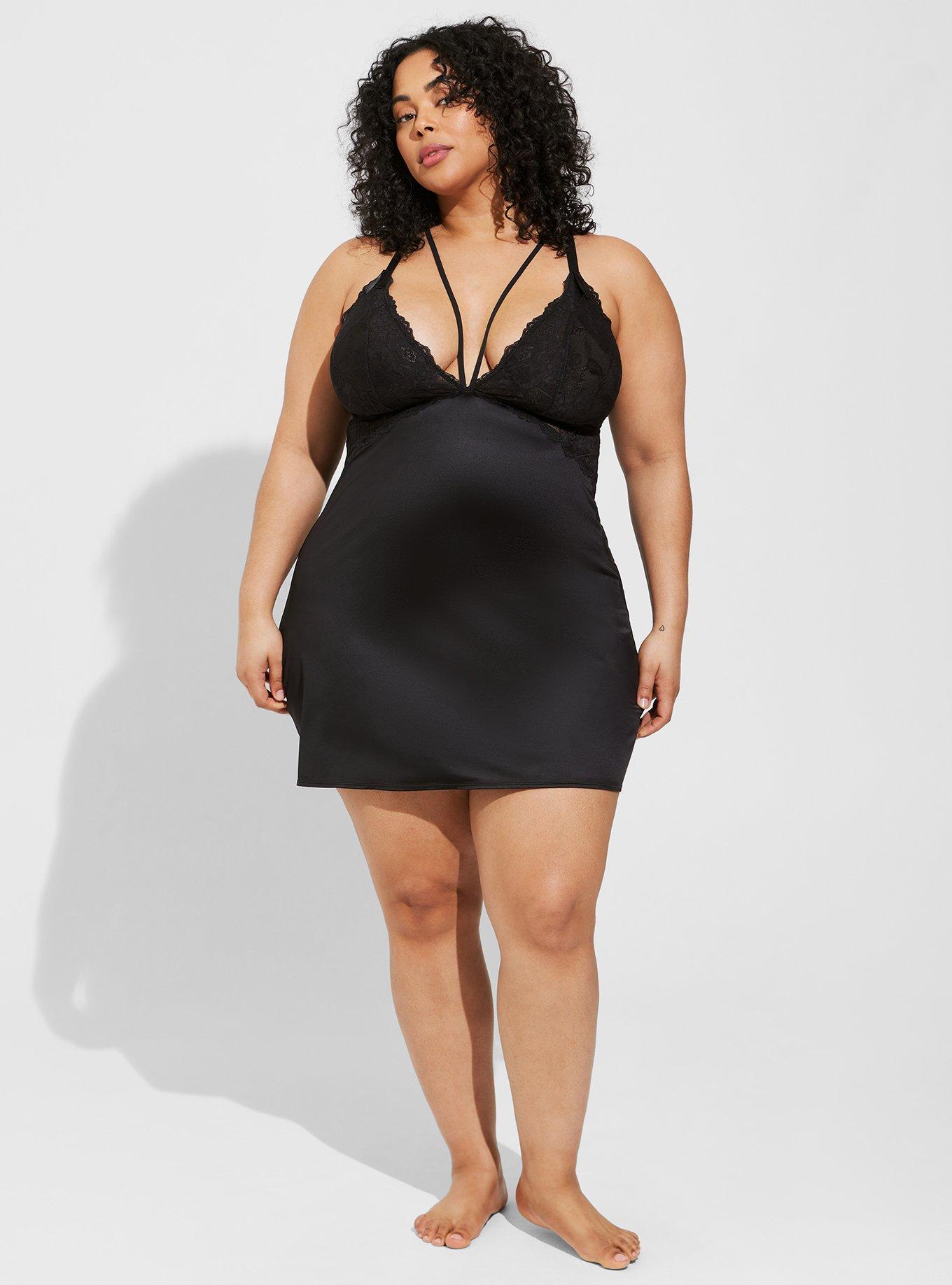 Plus Size Satin And Lace Retro Plunge Babydoll, RICH BLACK, alternate
