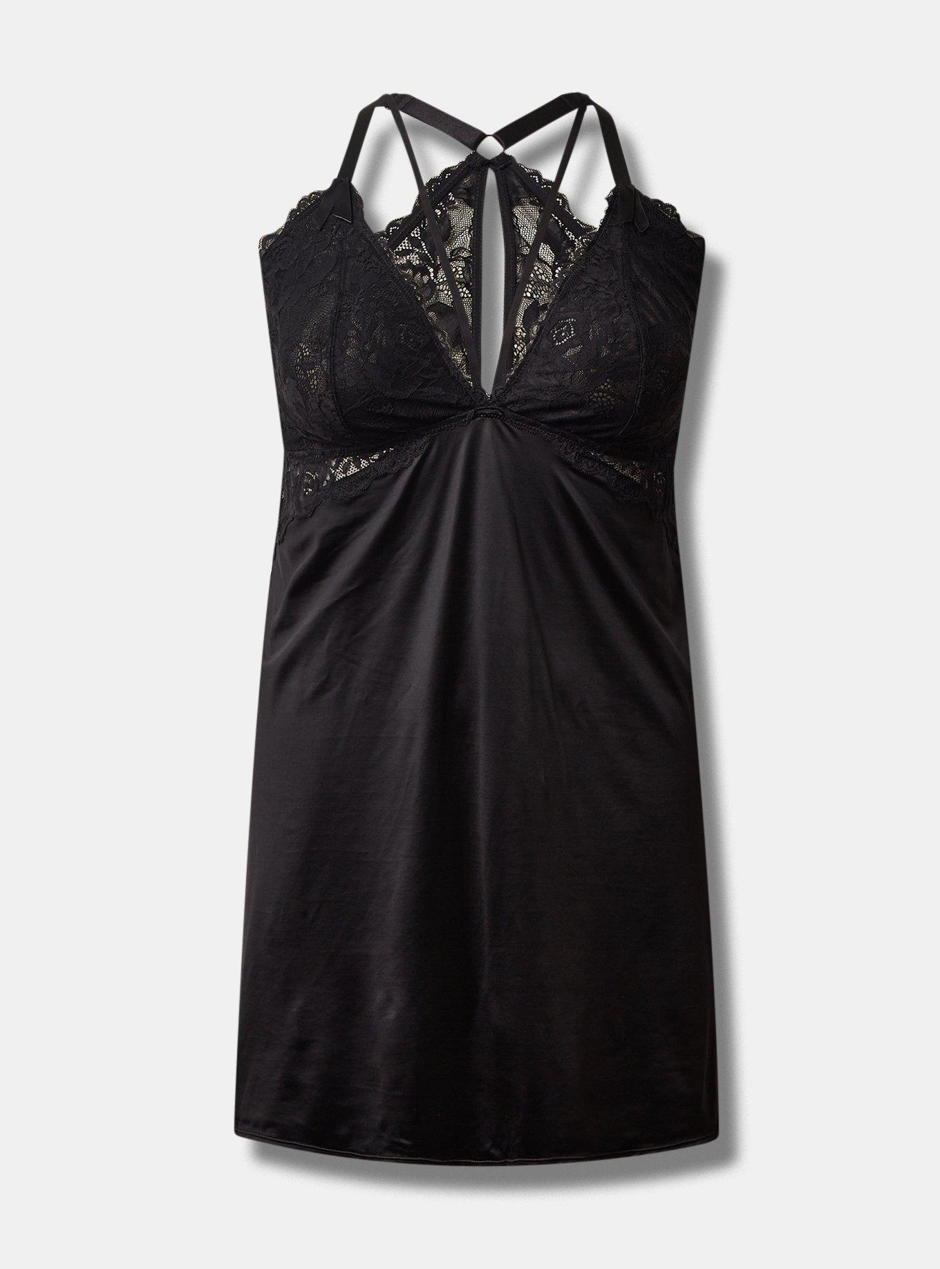 Plus Size Satin And Lace Retro Plunge Babydoll, RICH BLACK, hi-res