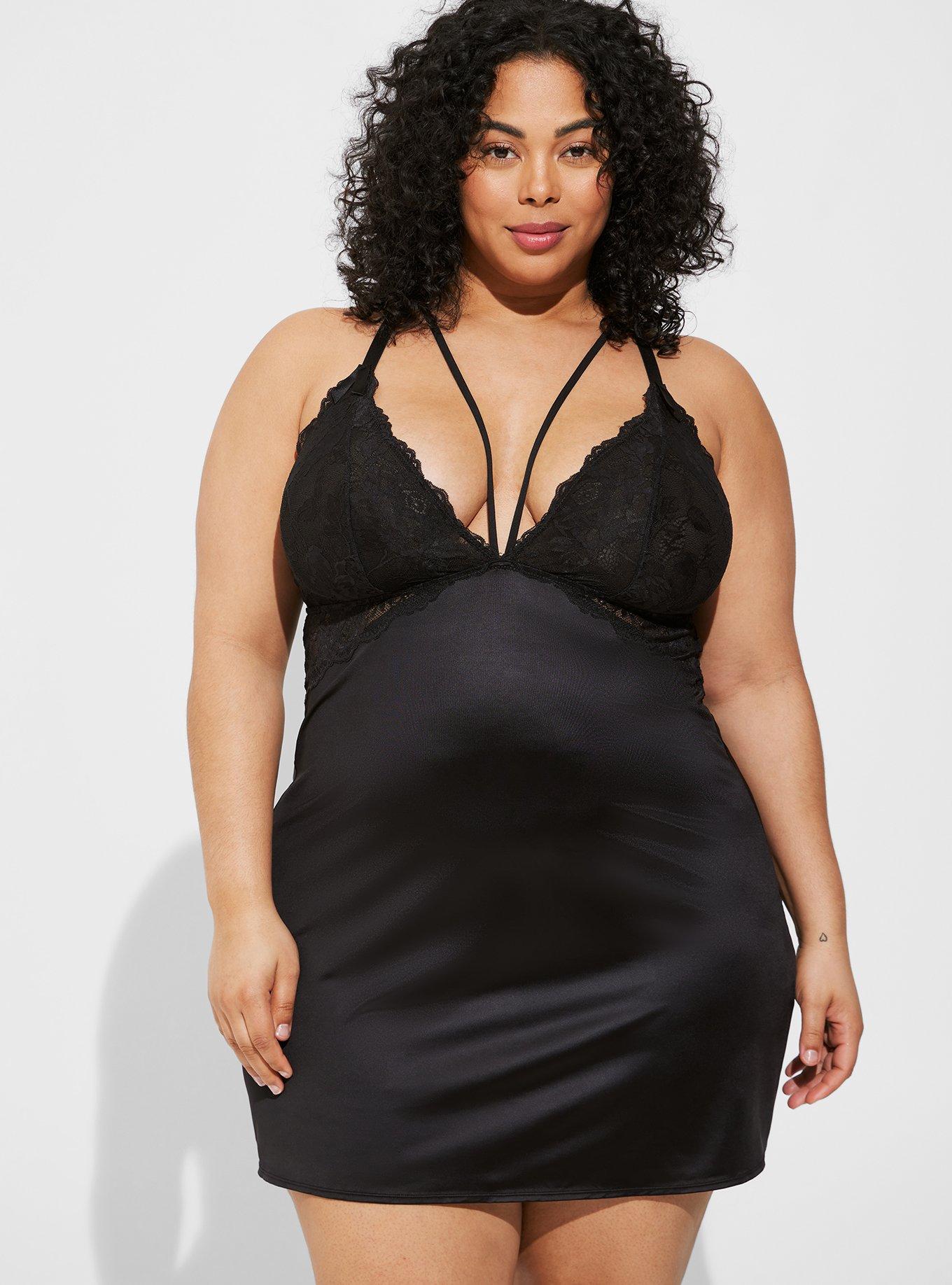 Plus Size Satin And Lace Retro Plunge Babydoll, RICH BLACK, hi-res