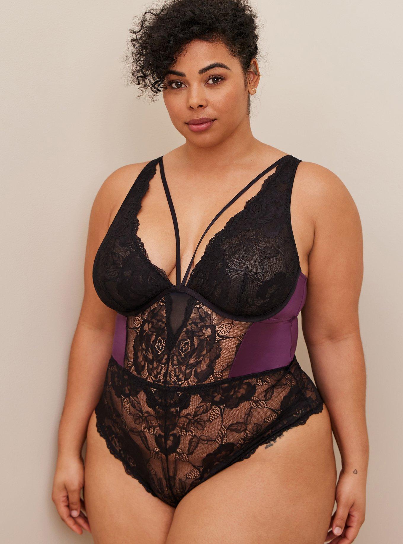 Satin And Lace Retro Plunge Bodysuit, POTENT PURPLE, alternate