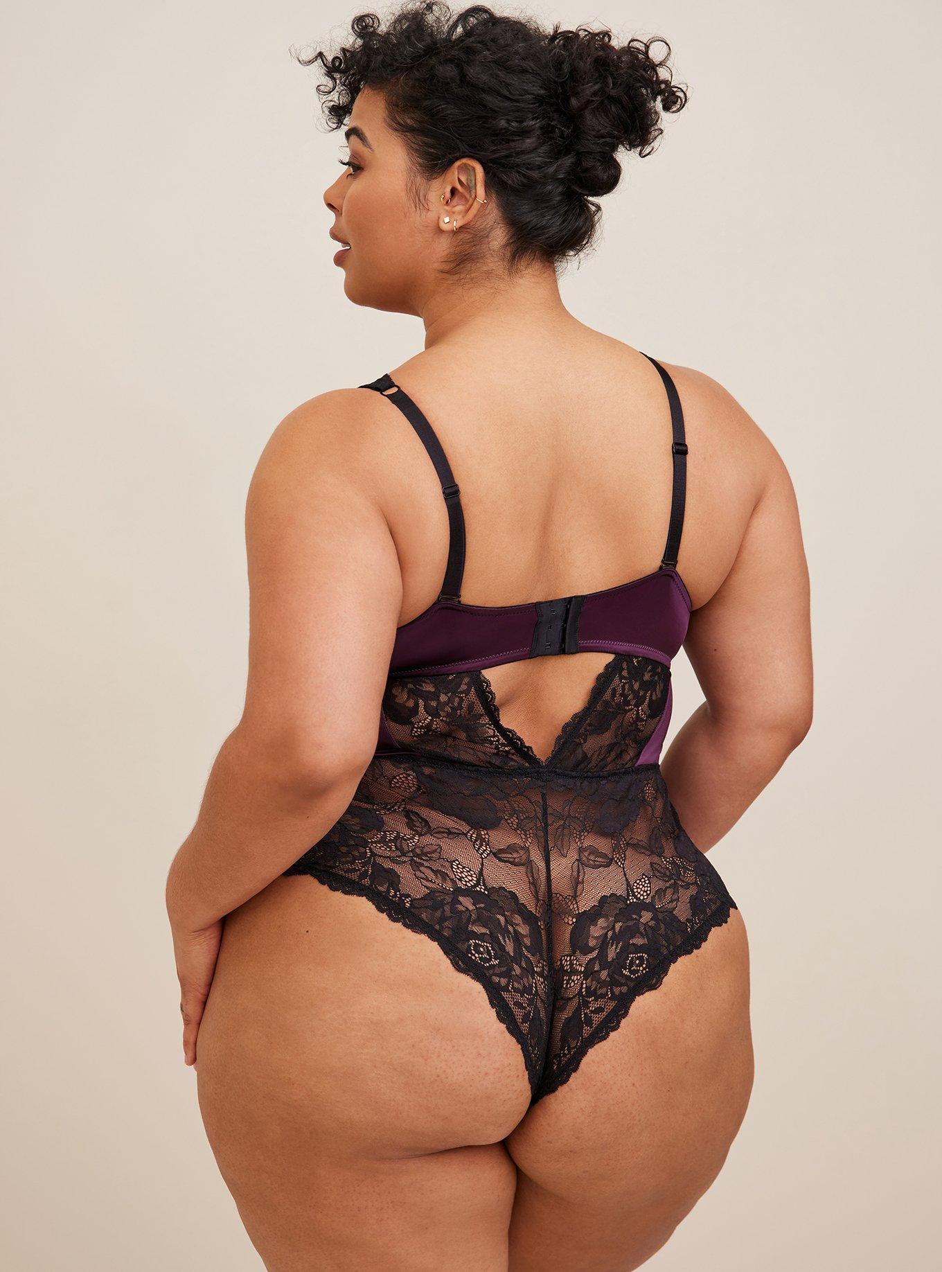 Satin And Lace Retro Plunge Bodysuit, POTENT PURPLE, alternate