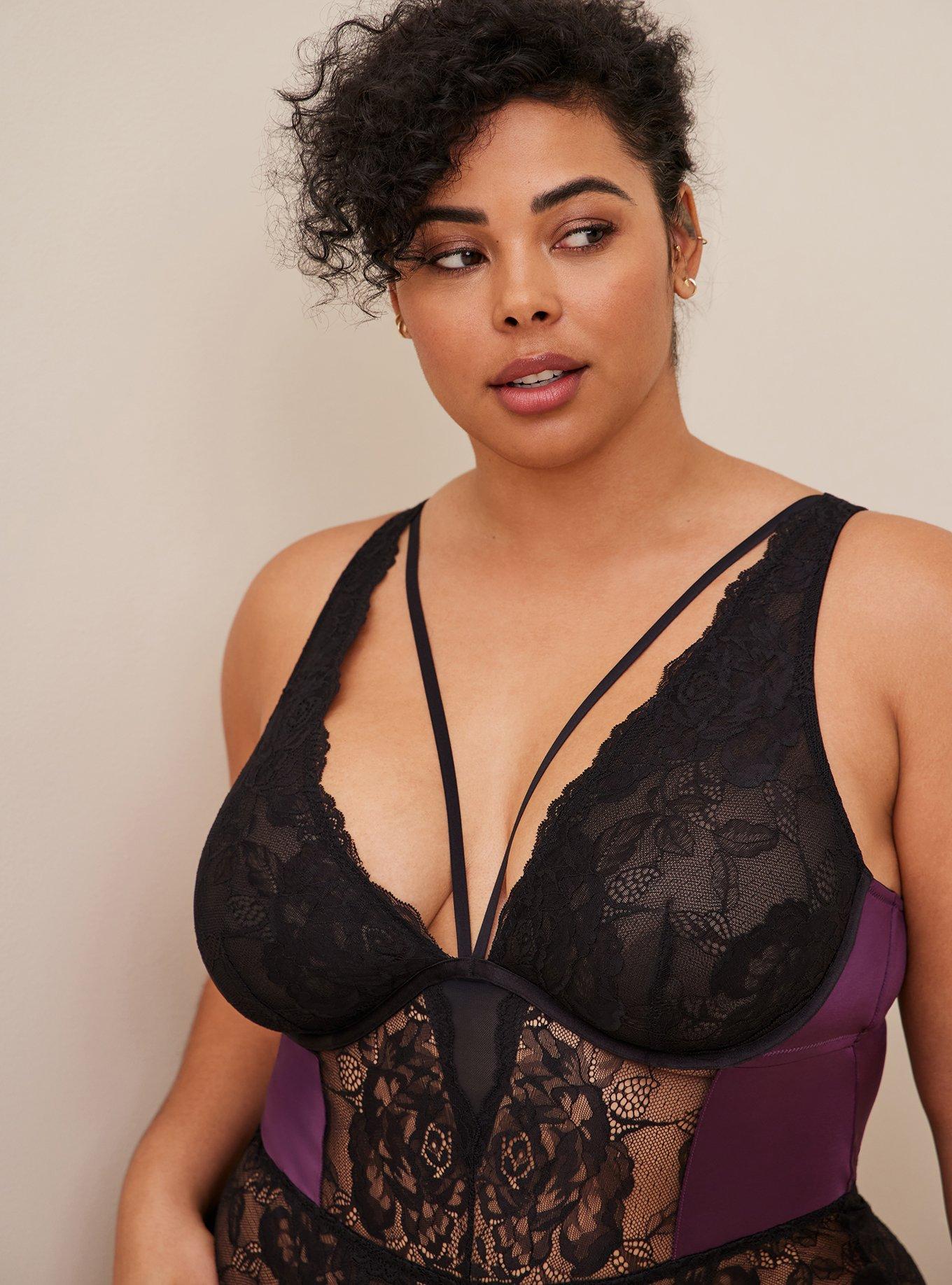 Satin And Lace Retro Plunge Bodysuit, POTENT PURPLE, alternate