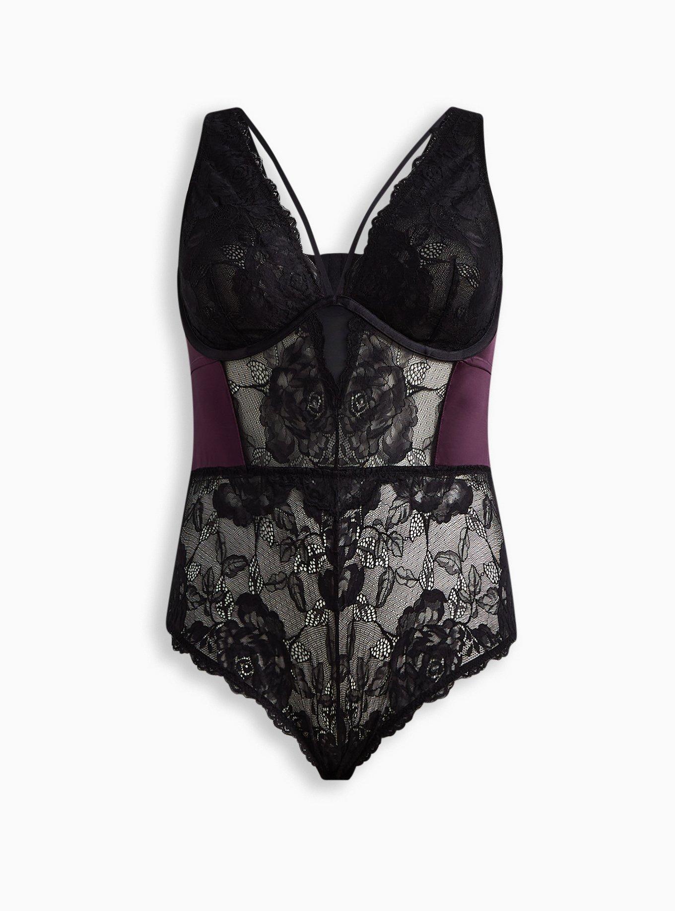 Satin And Lace Retro Plunge Bodysuit, POTENT PURPLE, hi-res