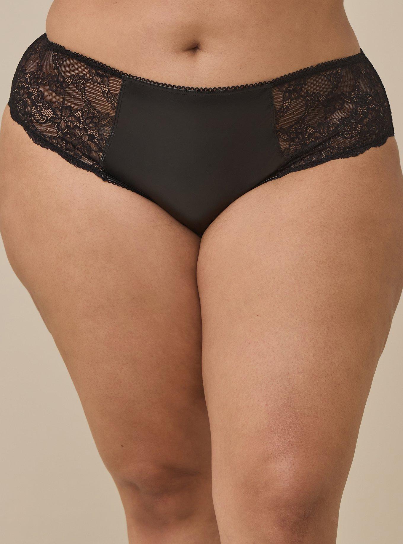 Plus Size Faux Leather & Lace Mid Rise Hipster Panty, RICH BLACK, alternate