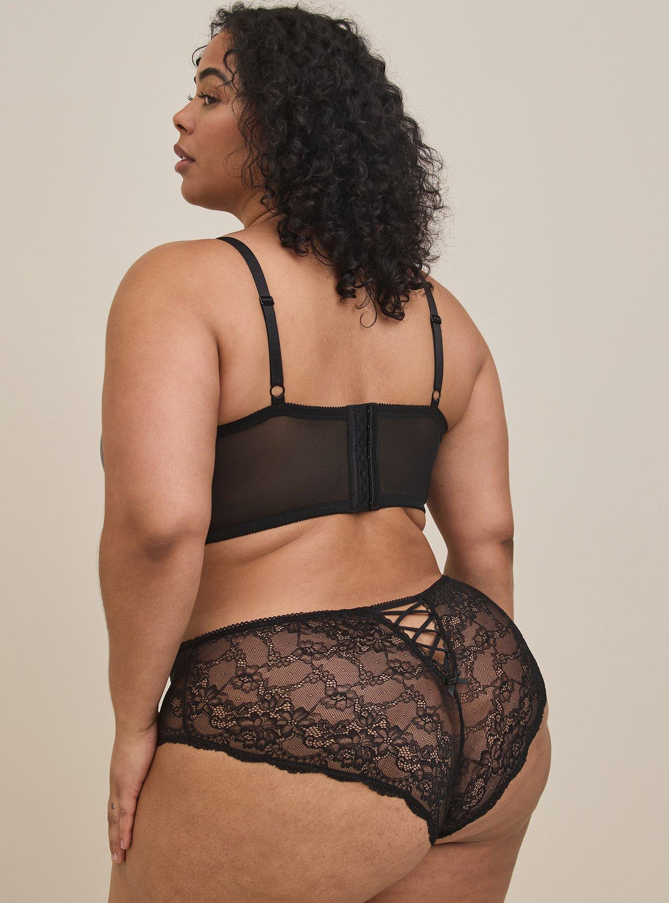 Plus Size Faux Leather & Lace Mid Rise Hipster Panty, RICH BLACK, alternate