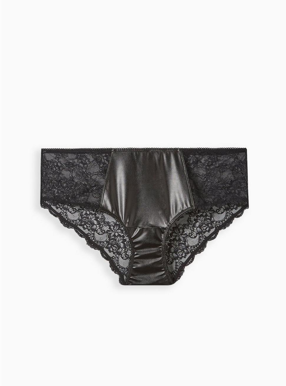 Faux Leather & Lace Mid Rise Hipster Panty, RICH BLACK, hi-res
