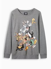 Plus Size Looney Tunes Cozy Fleece Crew Neck Sweatshirt, MEDIUM HEATHER GREY, hi-res
