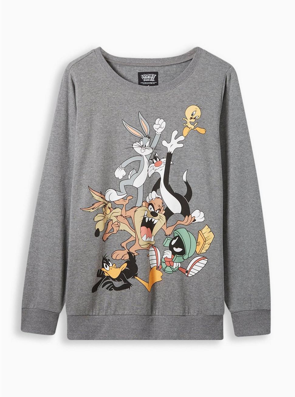 Plus Size Looney Tunes Cozy Fleece Crew Neck Sweatshirt, MEDIUM HEATHER GREY, hi-res