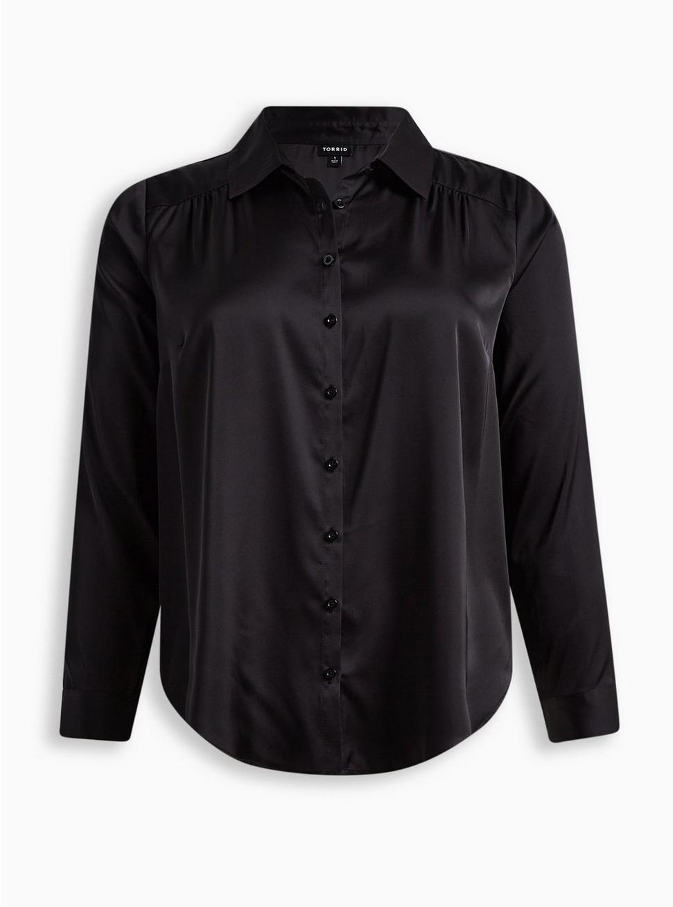 Plus Size Madison Satin Button Up Long Sleeve Shirt, DEEP BLACK, hi-res