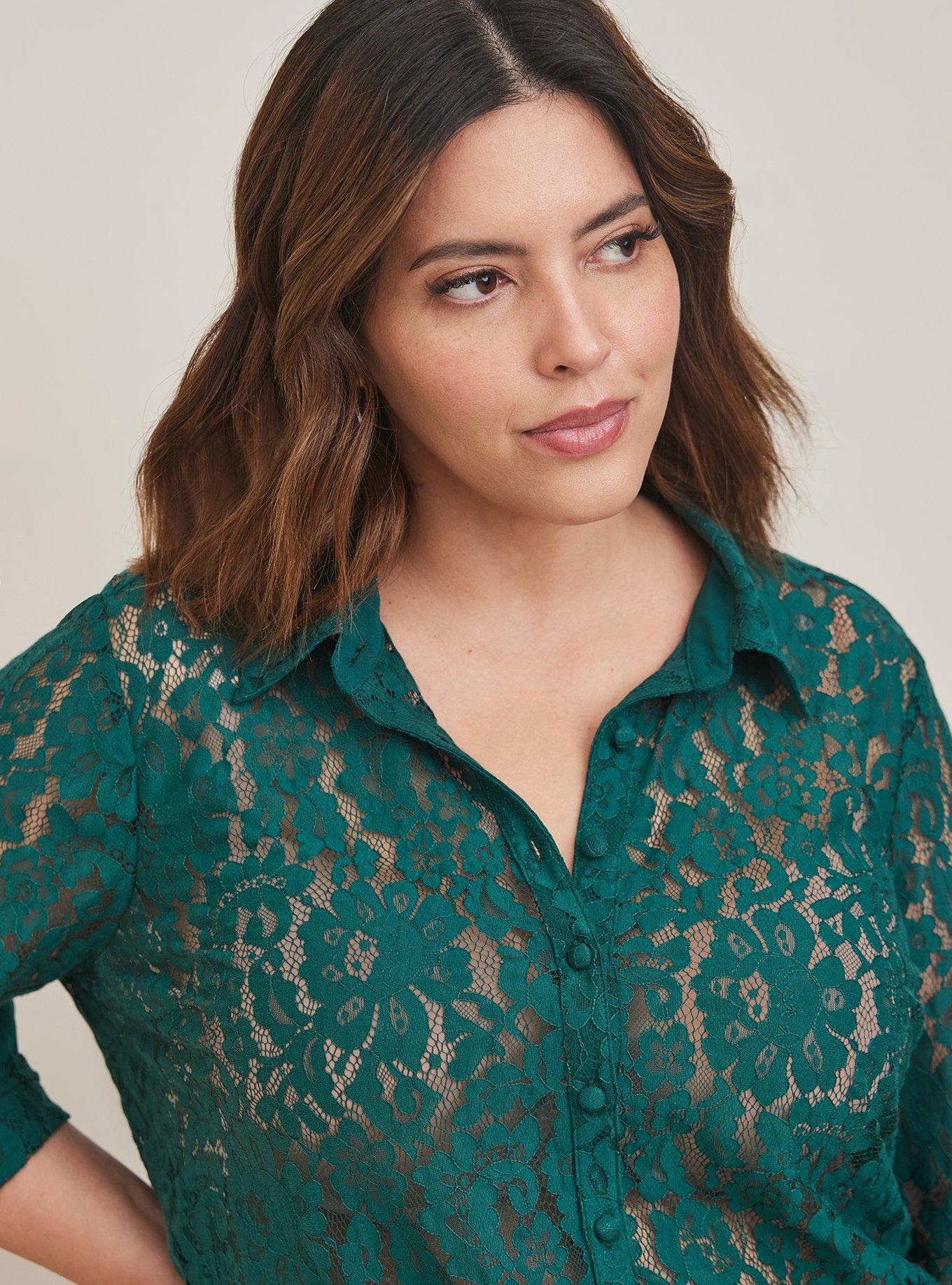 Plus Size Madison Lace Button Down Blouse, BOTANICAL GARDEN, alternate