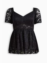Plus Size Babydoll Lace Puff Sleeve Top, DEEP BLACK, hi-res