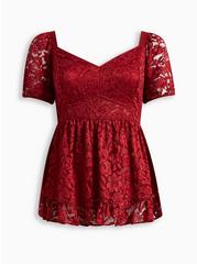 Babydoll Lace Puff Sleeve Top, DARK RED, hi-res