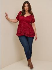 Babydoll Lace Puff Sleeve Top, DARK RED, hi-res
