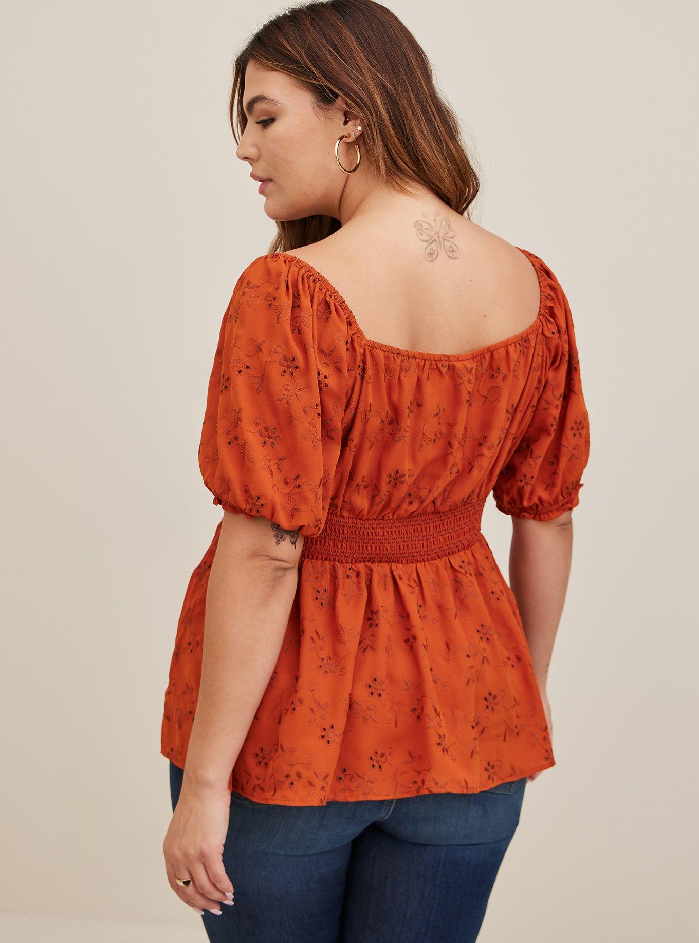 Georgette Eyelet Smocked Waist Puff Sleeve Top