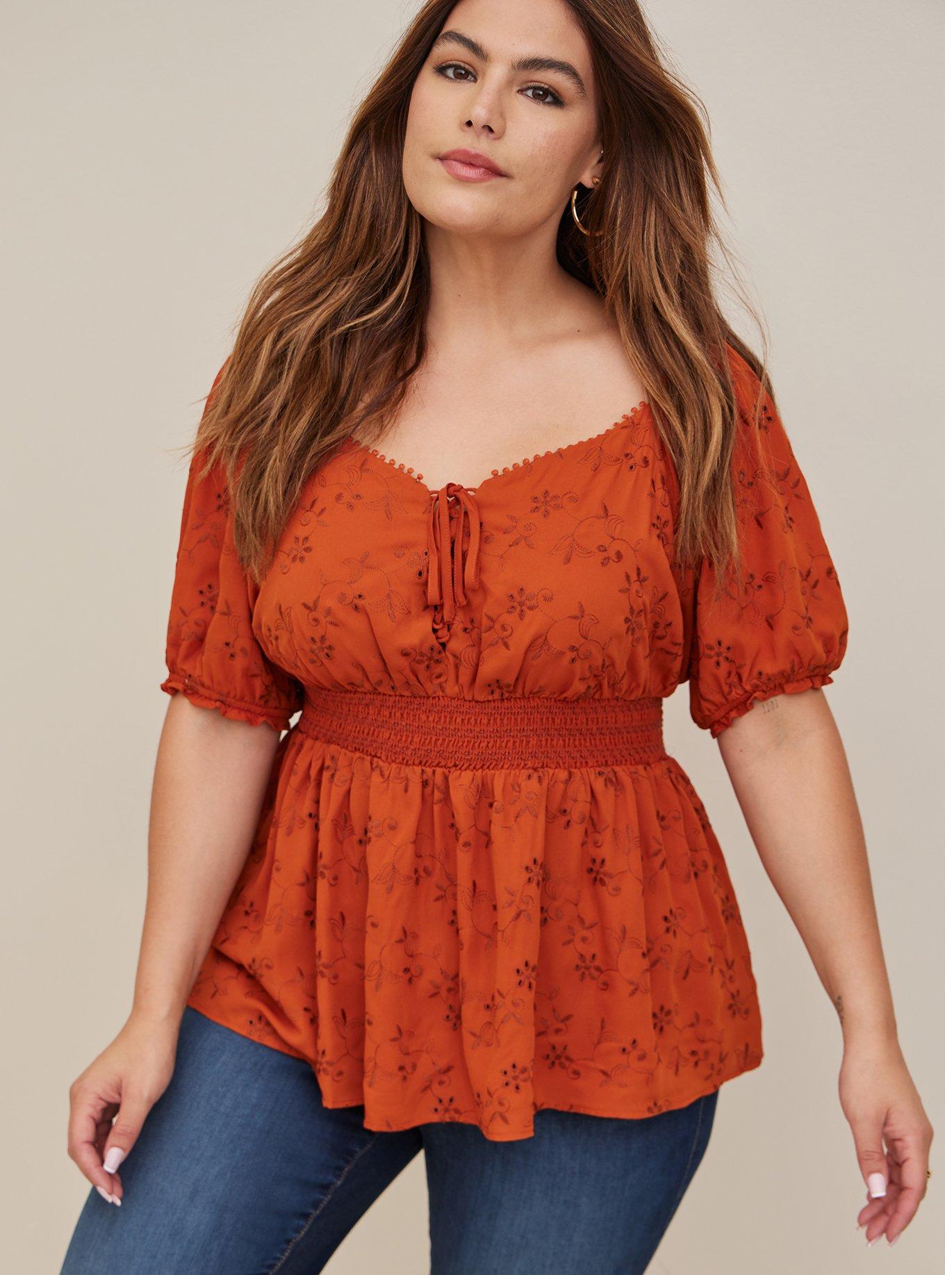 Georgette Eyelet Smocked Waist Puff Sleeve Top