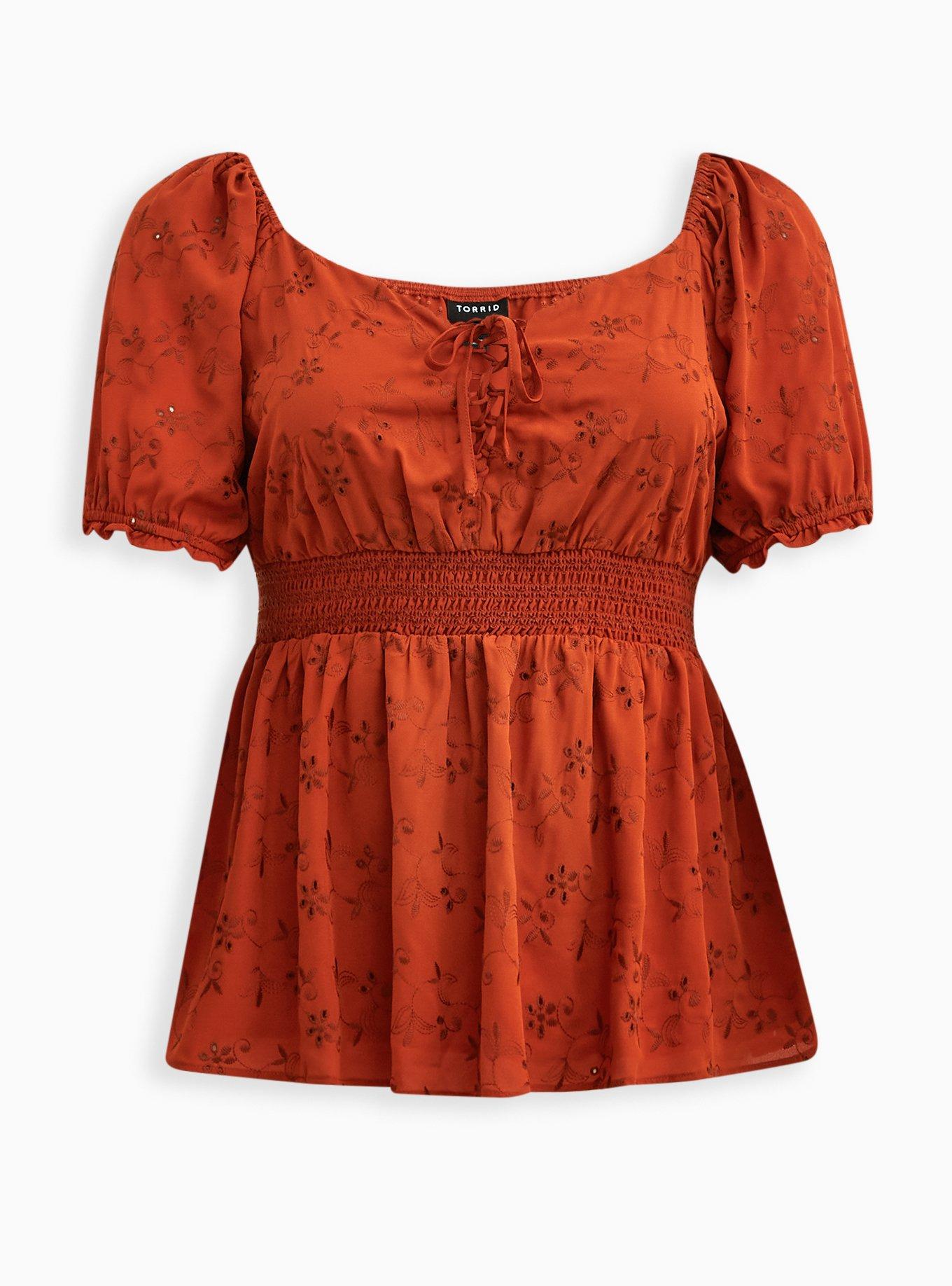 Georgette Eyelet Smocked Waist Puff Sleeve Top