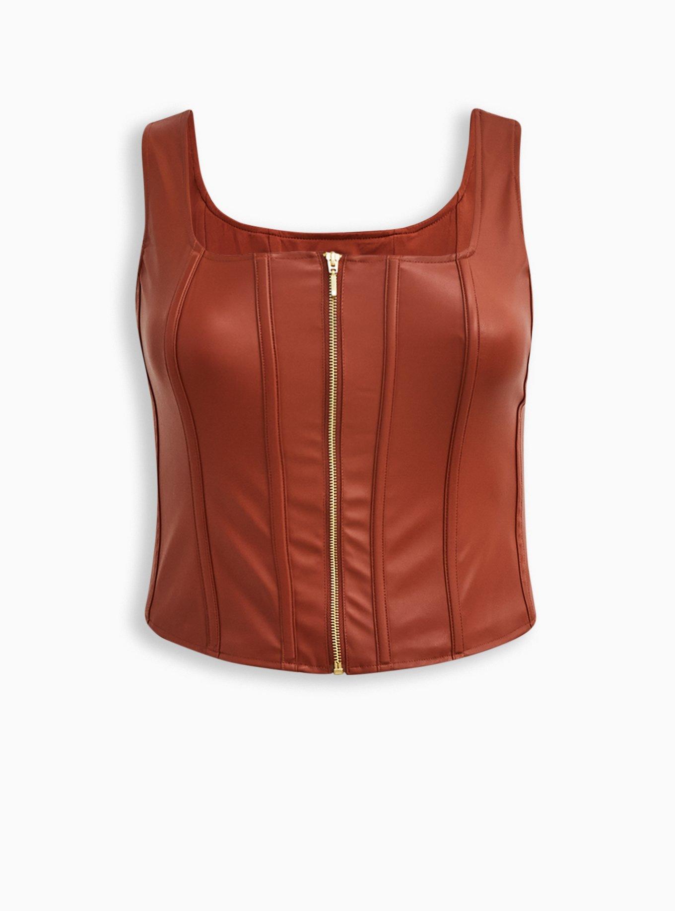 6 Buckle Zip Front Corset in Brown Leather VC1318R - Open Road