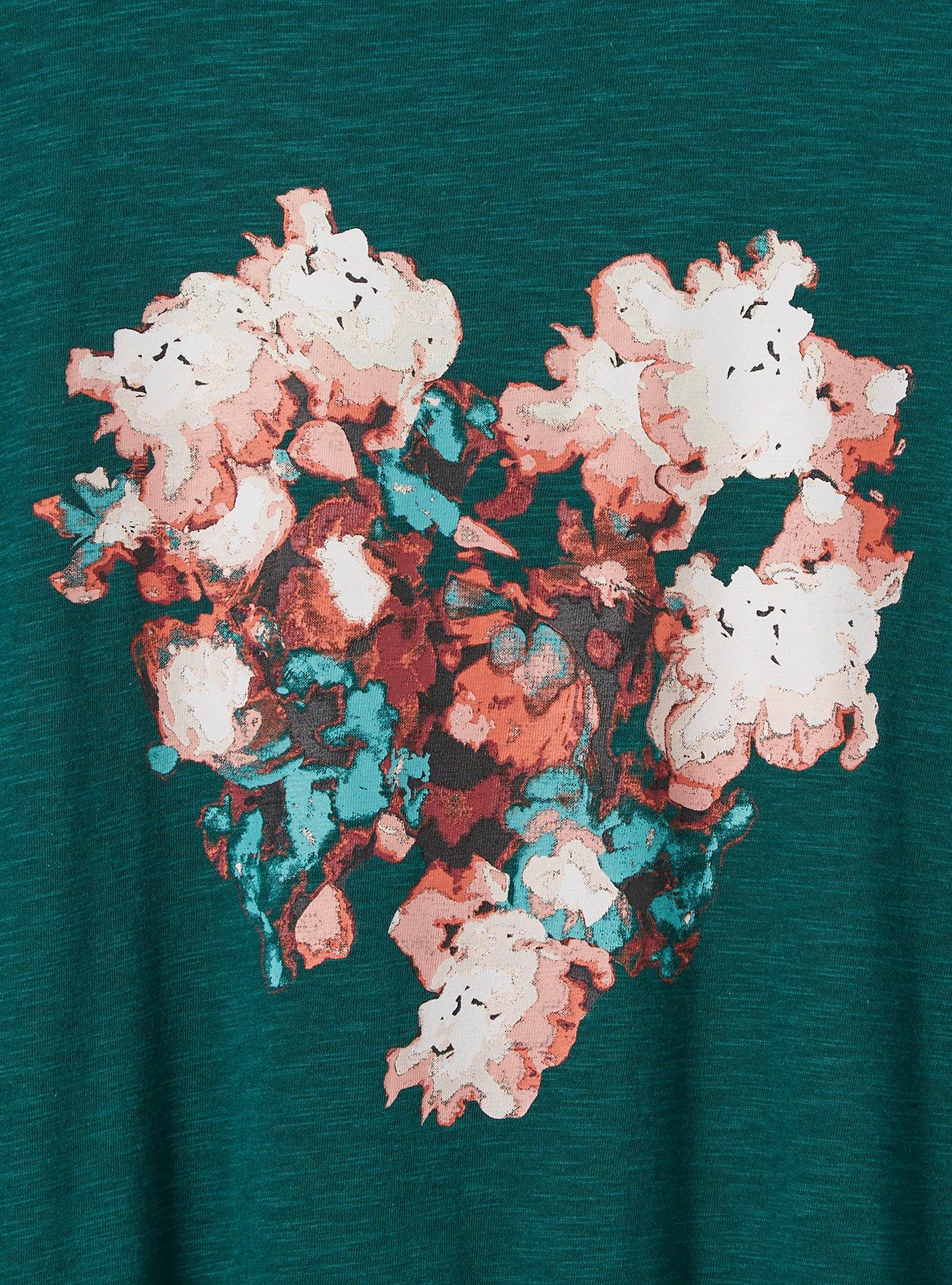 Plus Size Flower Heart Vintage Super Soft Slub Crew Neck Tee, , alternate