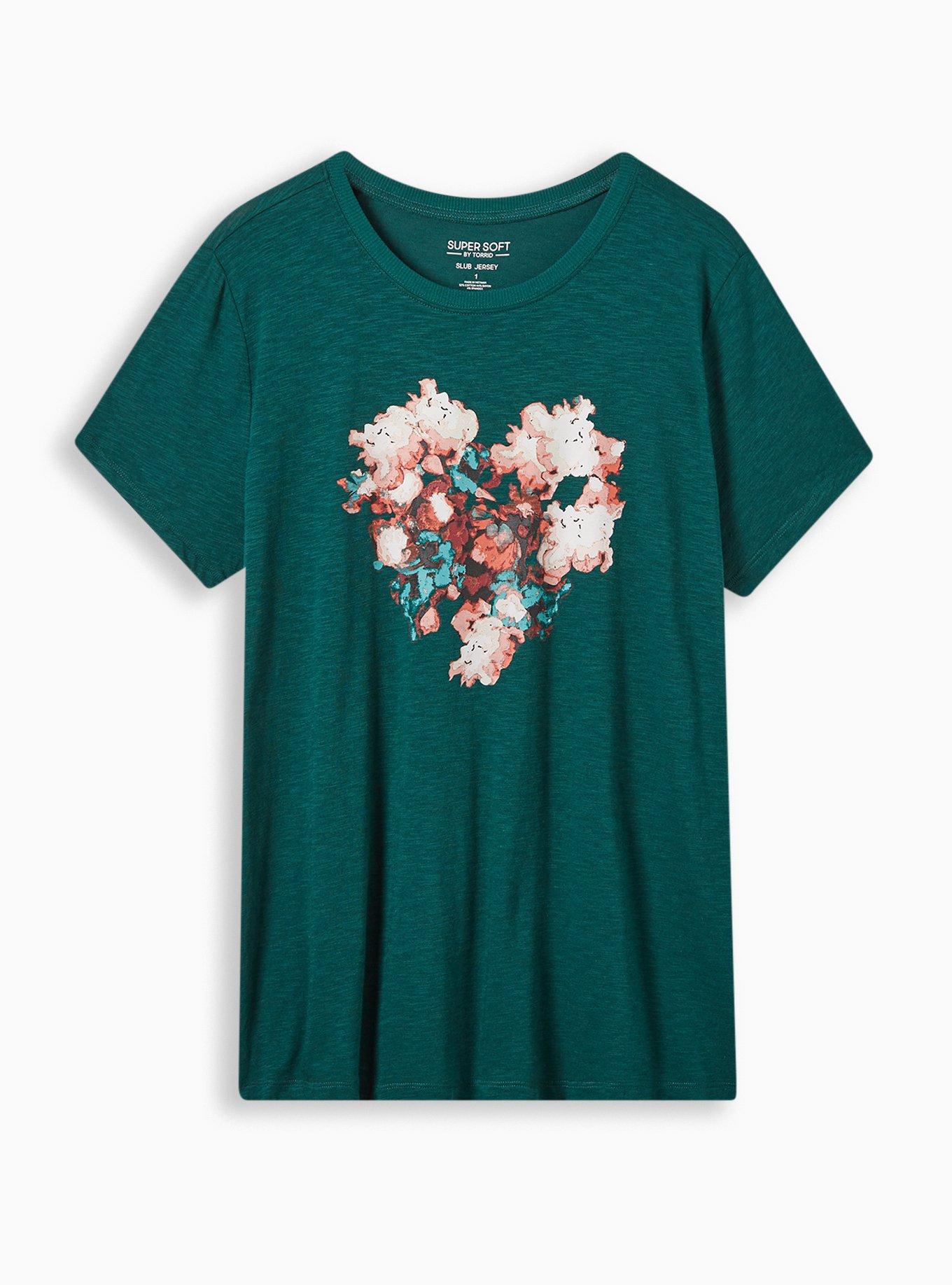 Plus Size Flower Heart Vintage Super Soft Slub Crew Neck Tee, , hi-res