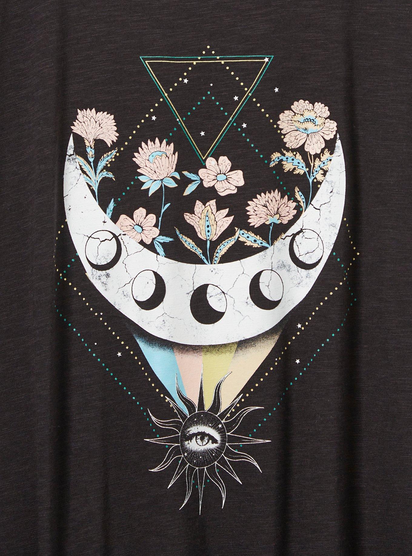 Plus Size Floral Moon Vintage Super Soft Slub Lurex Crew Neck Tee, DEEP BLACK, alternate