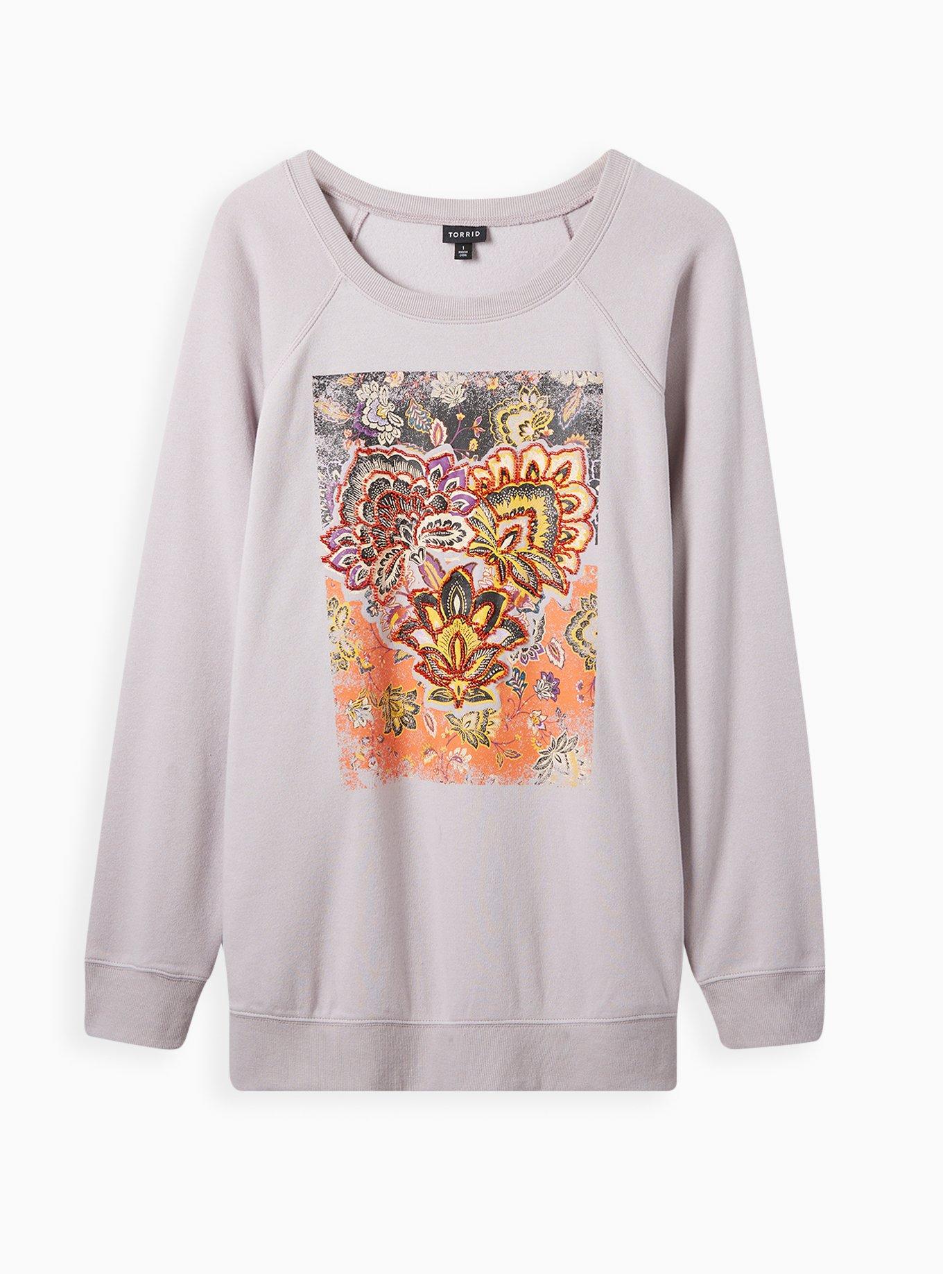 Plus Size Paisley Beaded Cozy Fleece Crew Neck Raglan Sweatshirt