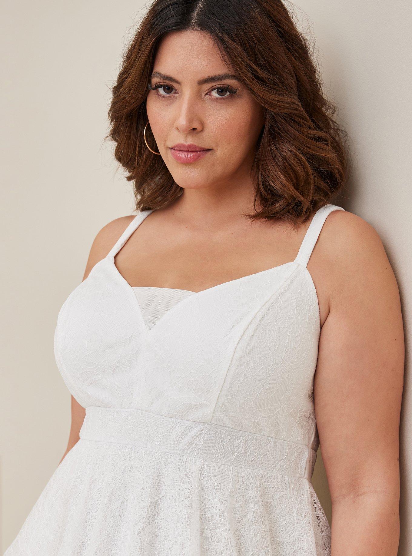 Plus Size Mini Stretch Lace V Neck Tiered Flare Dress, CLOUD DANCER, alternate