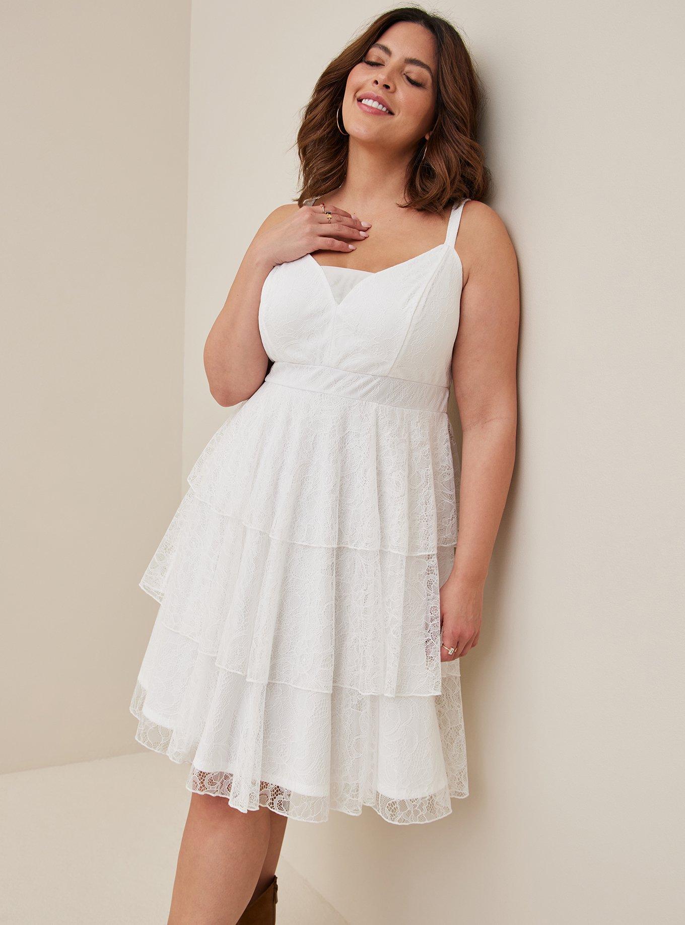 Mini Stretch Lace V Neck Tiered Flare Dress, , hi-res