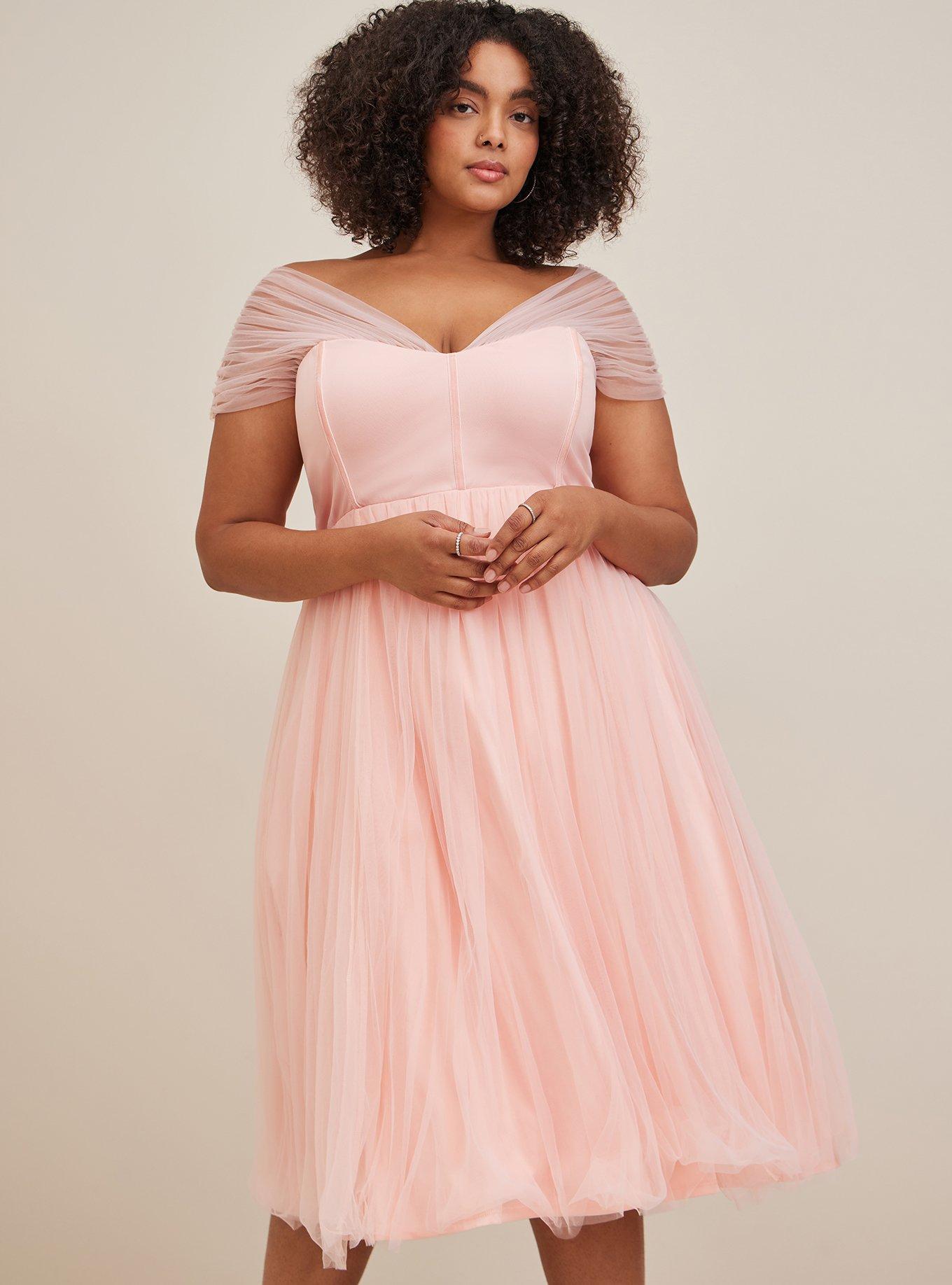 Plus Size - Midi Tulle Drape Shoulder Fit & Flare Dress - Torrid