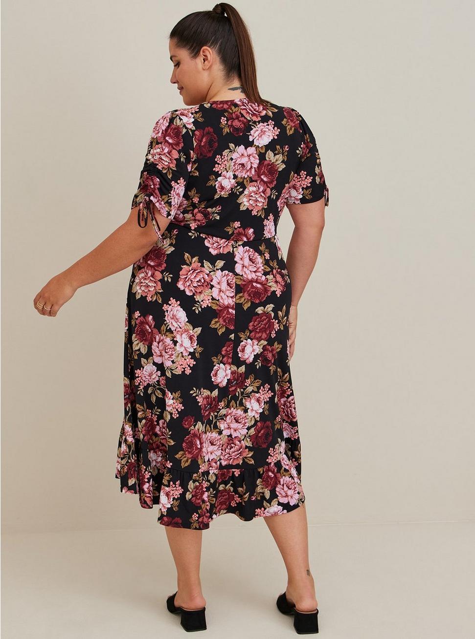 Plus Size Midi Studio Knit Wrap Dress, BLACK FLOWERS, alternate